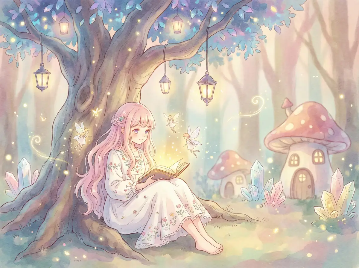 百度设计总监刘超 - 魔法森林中阅读故事书的粉发少女与精灵